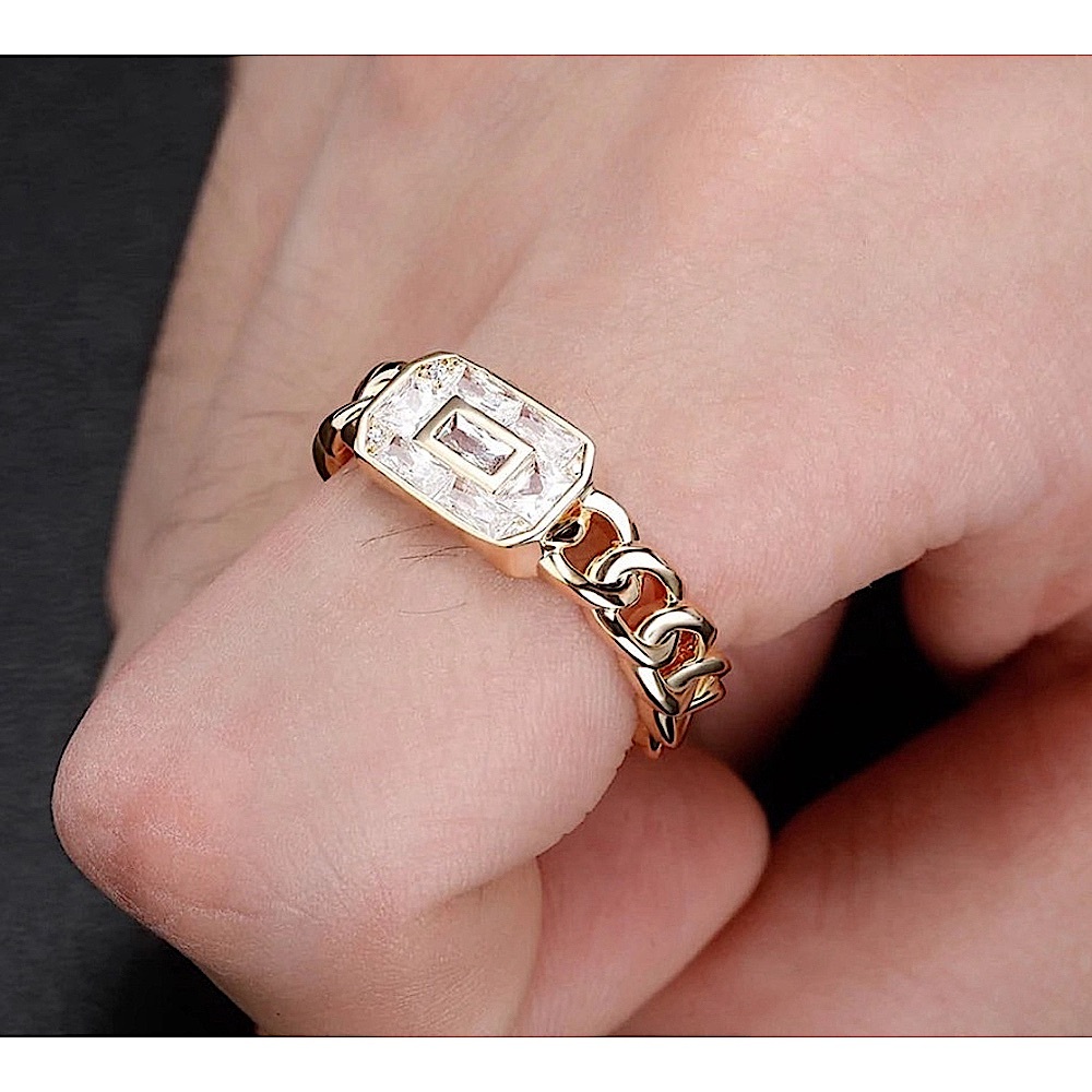 Unisex 14k Gold Filled Chain Rectangle‎ Simulated Diamond Ring, Adjustable NEW